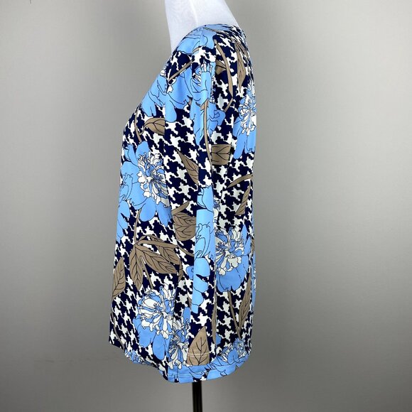 J. Mclaughlin Catalina Cloth‎ Top Womens Large Blue Floral Blouse 3/4 Sleeve Tee - Picture 7 of 13